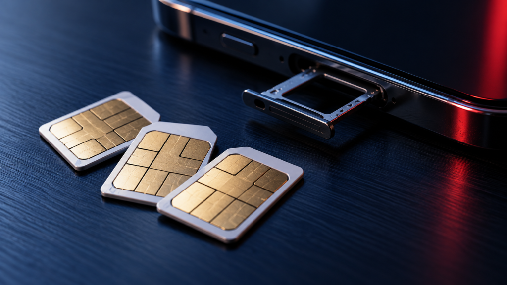 Business SIM cards beside a phone with its SIM tray ejected