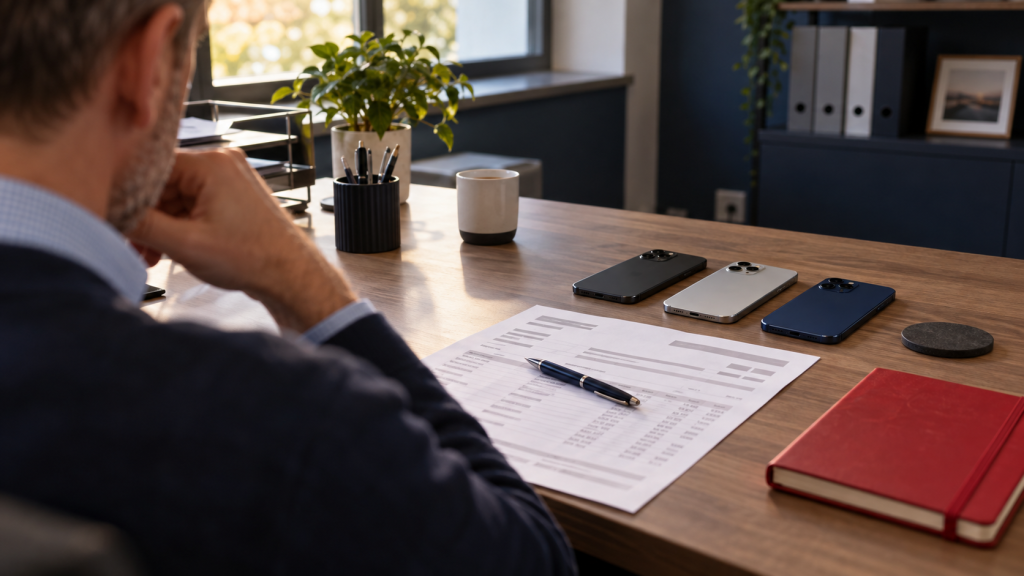 A business owner reviewing a printed mobile phone bill at a desk