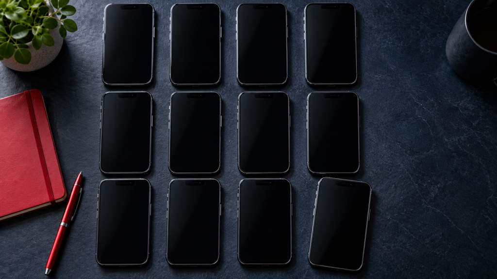 Business smartphones arranged in a grid on a slate desk