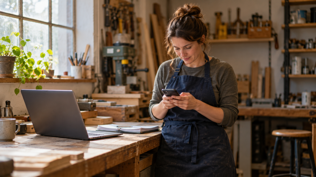 A sole trader checking a mobile phone in a small workshop